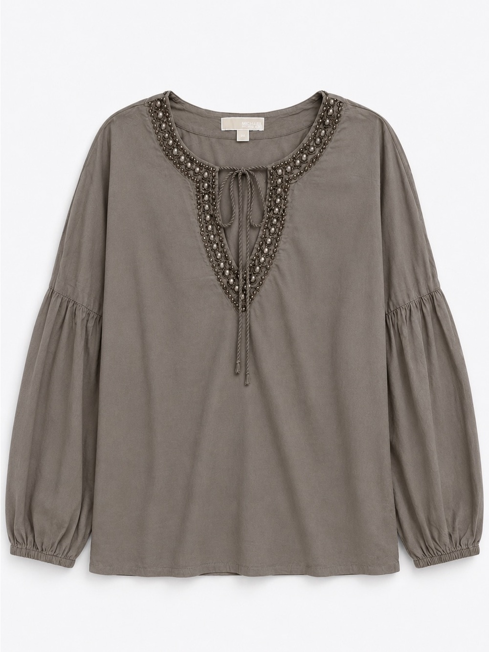 Michael Michael Kors Beaded Peasant Boho Blouse Taupe Cotton Size M
